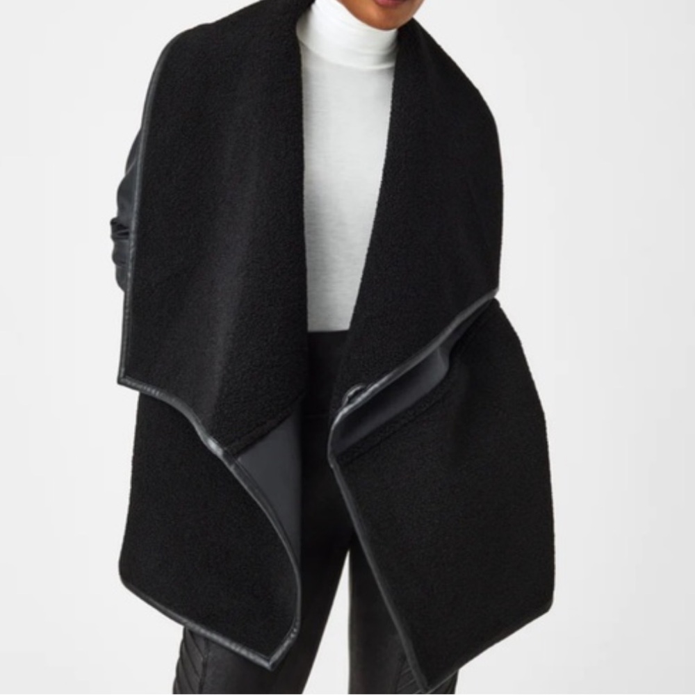 Spanx Drape Front Jacket in Black Ponte Sherpa and Faux Leather